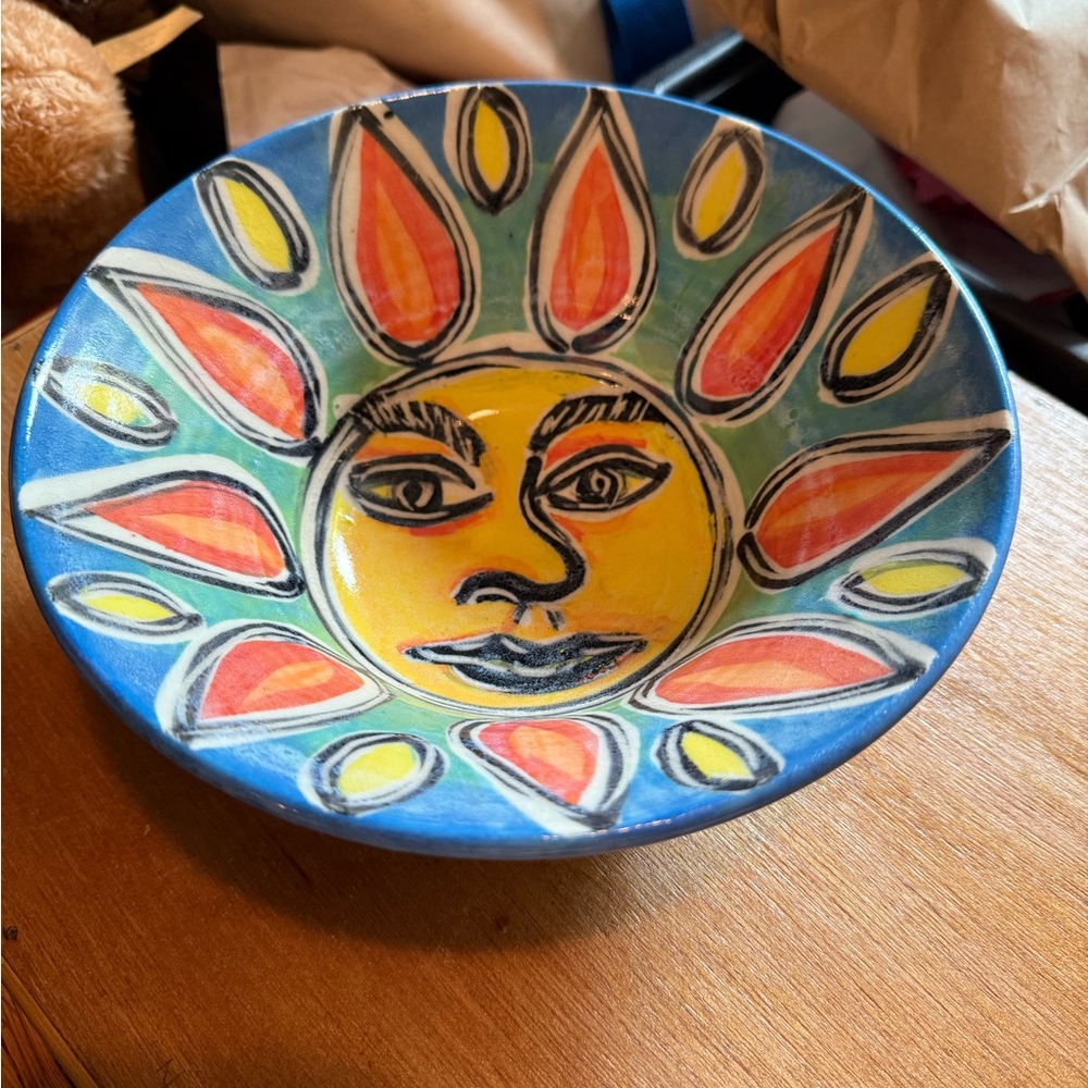 Vintage Sun Face Large Bowl ,hand painted and Signed